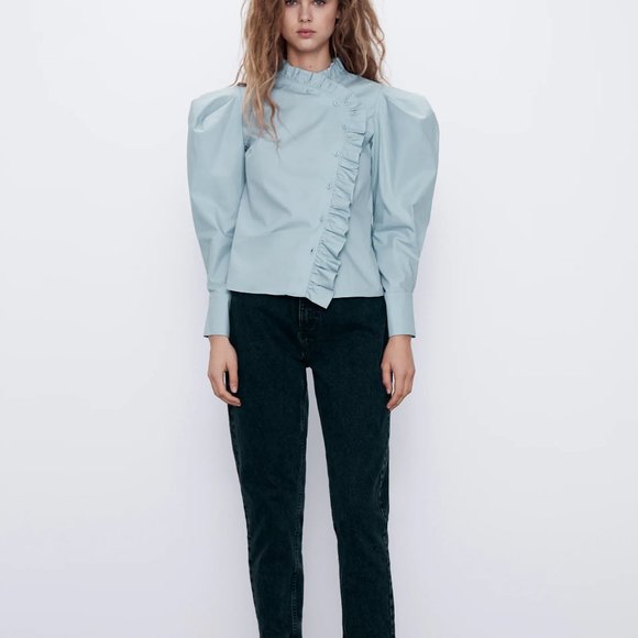 SOLD!!!Zara Ruffled High Collar Puff Sleeves Blue - Picture 9 of 9